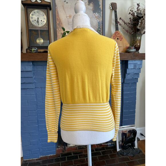Anthropologie Sparrow M Yellow Striped Sweater Crochet Button Cardigan Y2K - Picture 6 of 14